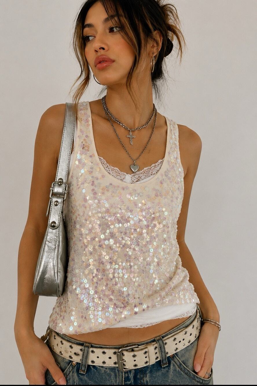 Y2K Indie 2000s Apt. 9 Women's Sequin Tank Top Size L Ivory Sparkle Going Out